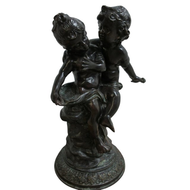 1980s Vintage Bronze Frolicking Boy Girl Statue Italian Regency French For Sale - Image 5 of 9