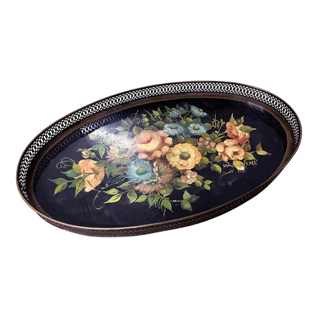 Large Oval Painted Tole Tray For Sale