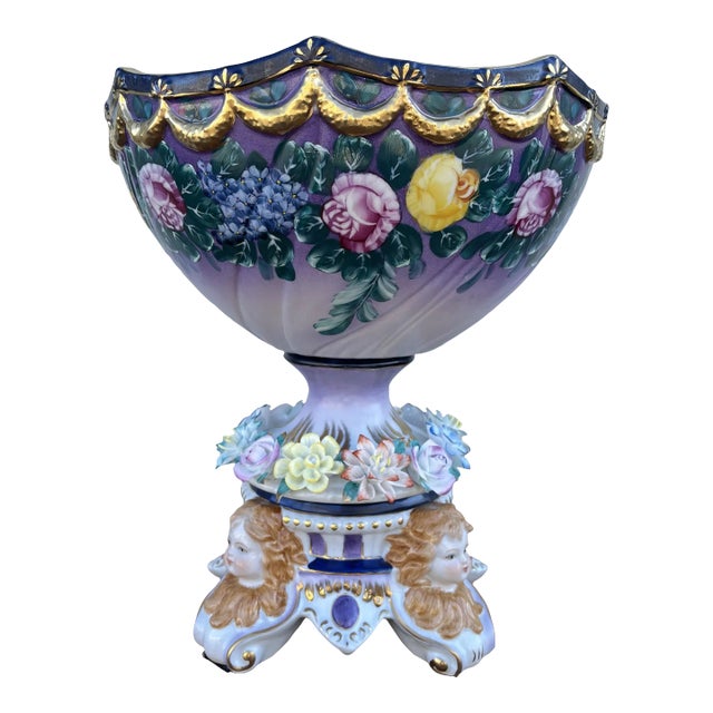 Dresden Signed Porcelain Centerpiece Bowl- Applied Flowers, Cherub Faces For Sale