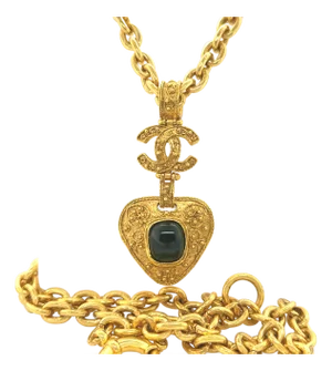 Chanel Gp Vintage Gripoix CC Heart Brooch Necklace 90cm
