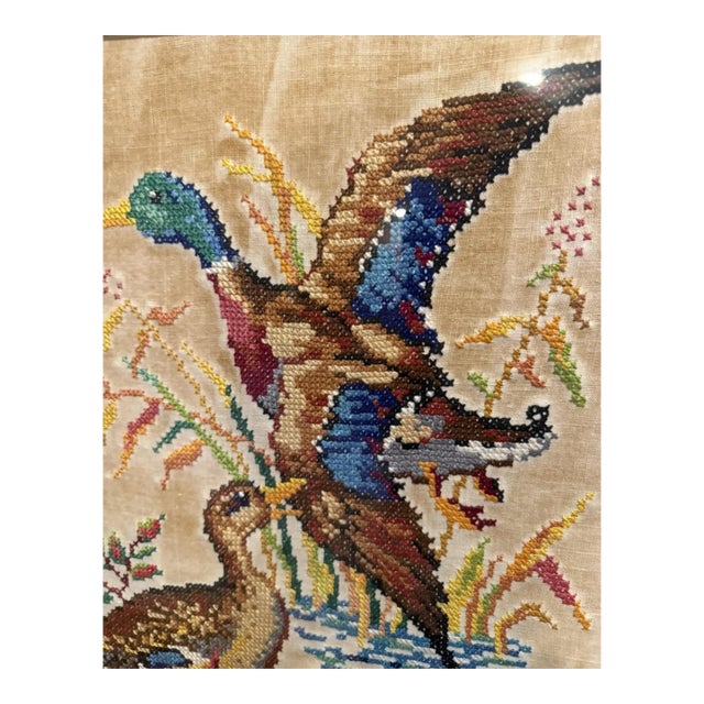 Framed “The Mallards” Cross Stitch Pattern MCM 1940s For Sale