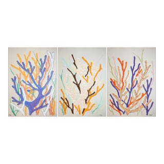 2026, Naturalistic Style Triptych of Neon Coral Garden, Gouache Crayon on Watercolor Paper by Romina Milano For Sale