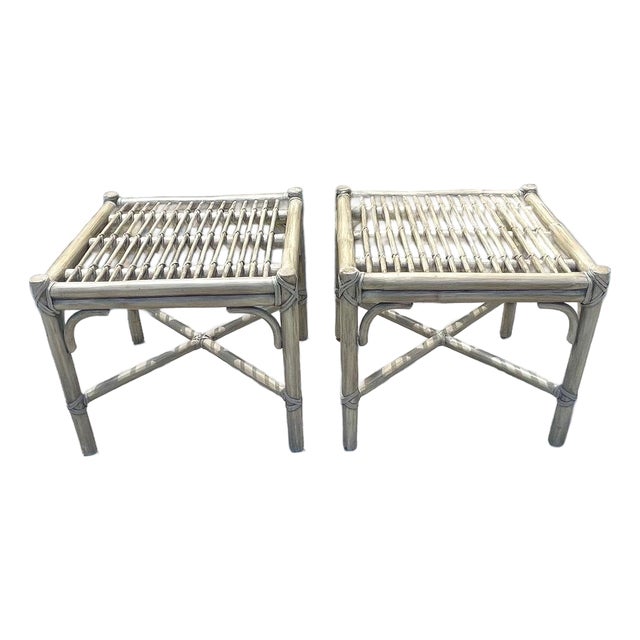 McGuire Furniture Rattan Ottomans or Footstools - A Pair For Sale