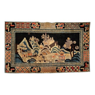 Antique Ningxia Pictorial Rug, Handwoven Wool Pile, Scenic Landscape, Navy & Tan, 4' x 7' For Sale