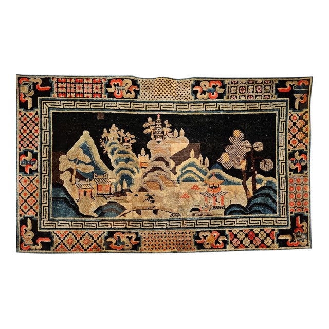 Antique Ningxia Pictorial Rug, Handwoven Wool Pile, Scenic Landscape, Navy & Tan, 4' x 7' For Sale