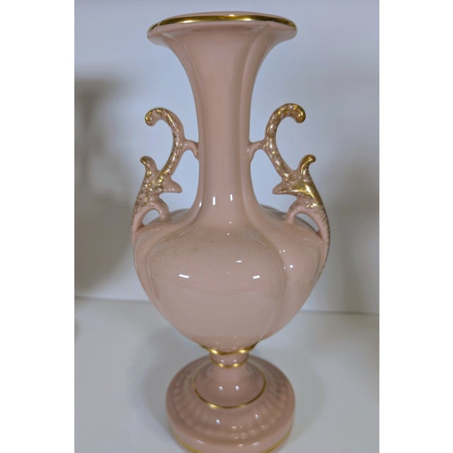 Ceramic Vintage Pair of Porcelain Mantel Vases, Pink Porcelain, Mid-Century St Regis, Floral Gold Gilt, Excellent 12" For Sale - Image 7 of 12