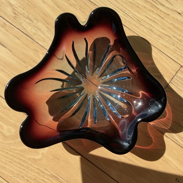 Beautiful vintage mid-century Italian art glass bowl, freeform shape with rich purple and blue cased glass. Heavy, hand-...