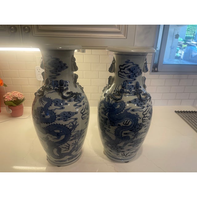 Pair of 16" Dragon Vaases in Blue/WHT Porcelain For Sale - Image 9 of 10
