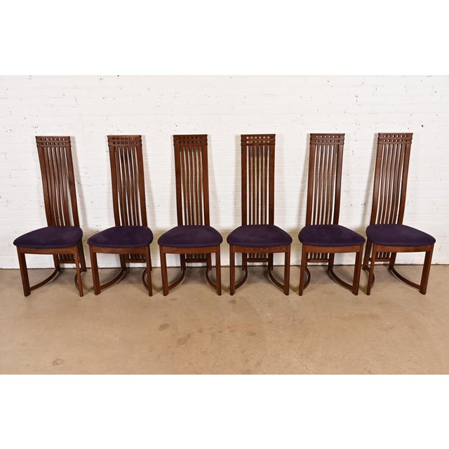Mid-Century Modern Frank Lloyd Wright Style Arts & Crafts High Back Dining Chairs, Set of Six For Sale - Image 3 of 12
