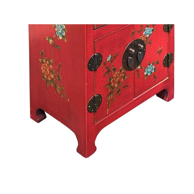 Wood Chinese Red Vinyl Moon Face Flower Birds End Table Nightstand For Sale - Image 7 of 10