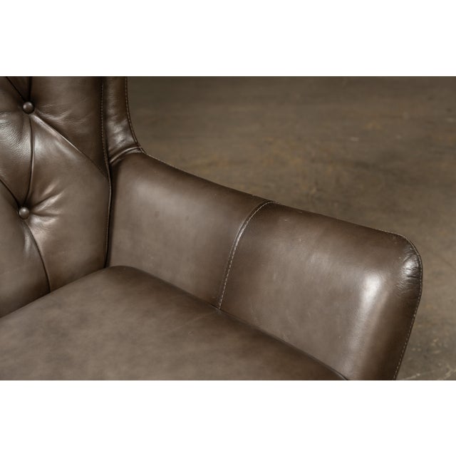 MCM Tufted Leather Wingback Swivel Chair With Ottoman in Grey For Sale - Image 12 of 12