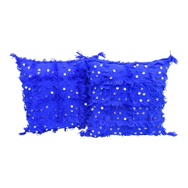 Vintage Moroccan Blue Fringed & Sequined Windowpane Pillows - Set of 2 For Sale