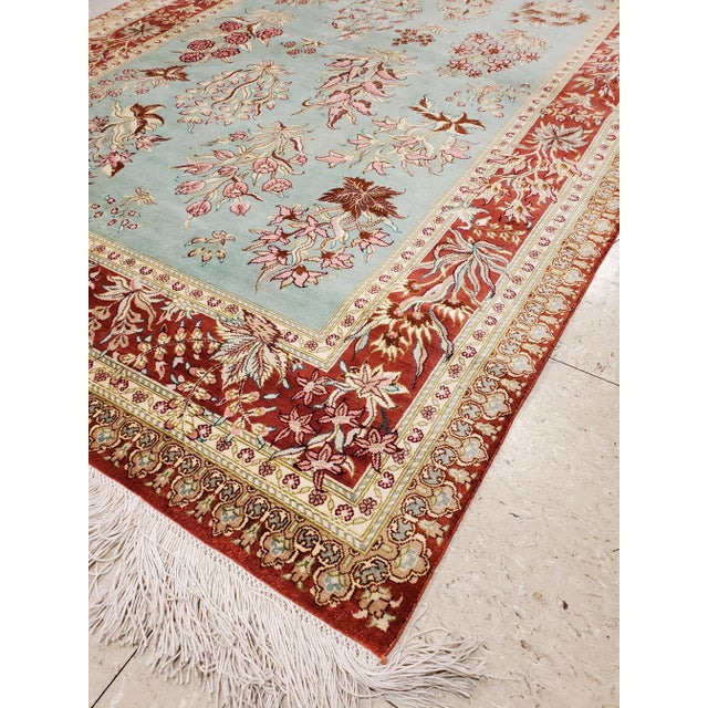 Rare Finely Woven Persian Silk Qum, Handmade Oriental Rug, Sky Blue and Red For Sale - Image 9 of 13