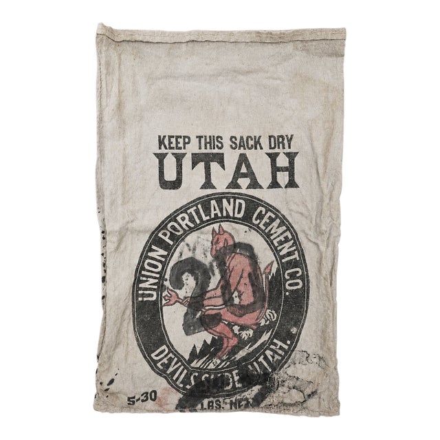 Early 20th Century Union Portland Cement Devil's Slide Utah Double-Sided Canvas Cement Sack For Sale