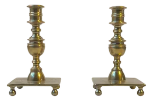 Vintage Danish Castle Brass Candleholders, 1920s, Set of 2