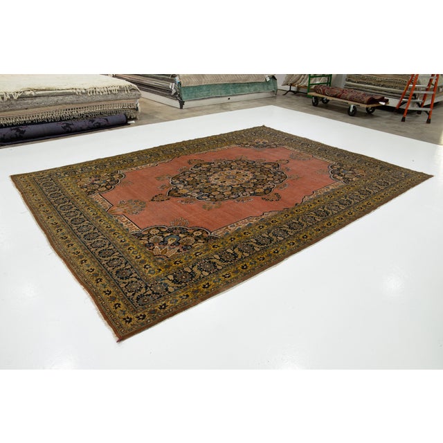 Persian Room Size Antique Tabriz Wool Rug Handmade in Terracotta With a Center Motif For Sale - Image 3 of 11