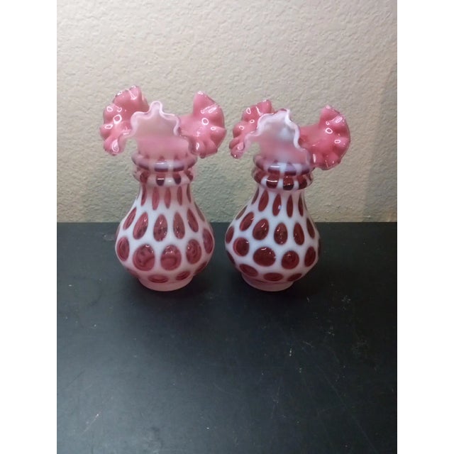 American 1960s Exquisite Pair of Fenton Cranberry Opalescent Coin Dot Crimped Edge Vases For Sale - Image 3 of 8