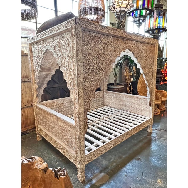 Late 20th Century Vintage Carved White Wash Canopy Queen Daybed For Sale - Image 5 of 9
