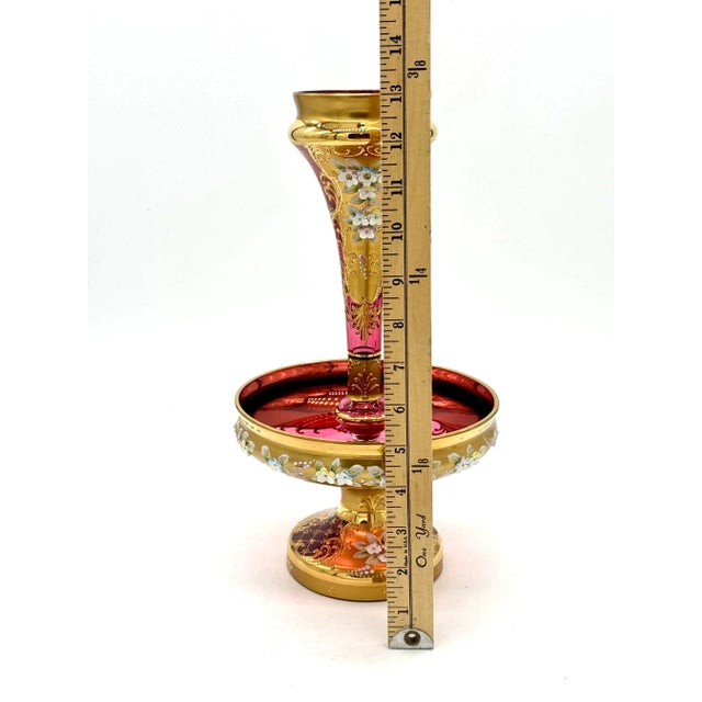 Antique Moser Bohemian Cranberry Glass Epergne Gold Gilt With Raised Enamel Floral Design For Sale - Image 11 of 11