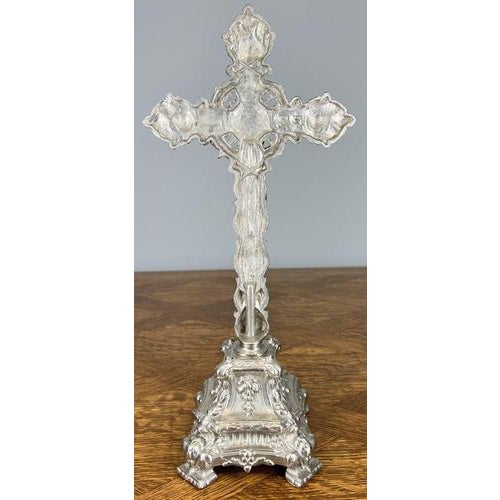 Vintage French Style Metal Ornate Religious Altar Cross For Sale - Image 3 of 12
