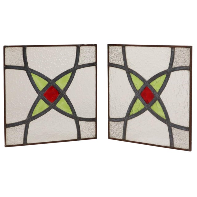 Art Deco Geometric Stained Glass Windows, Set of 2 For Sale - Image 3 of 12
