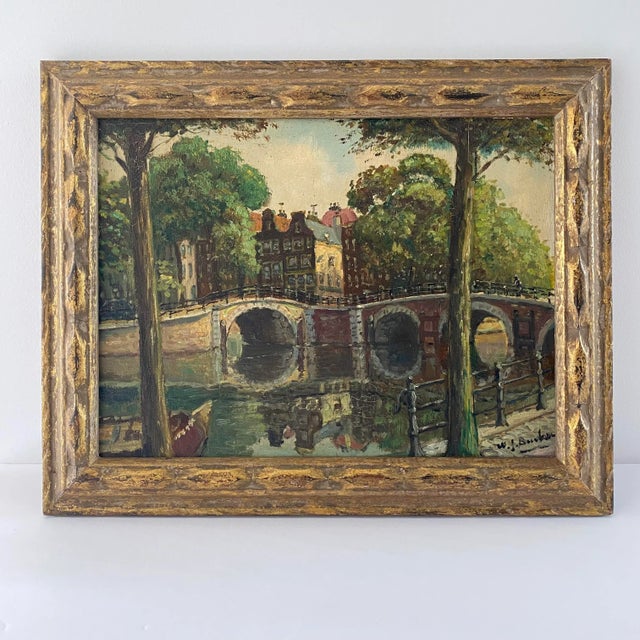 Vintage European Bridge Over River Painting in Gold Wood Frame For Sale - Image 9 of 10
