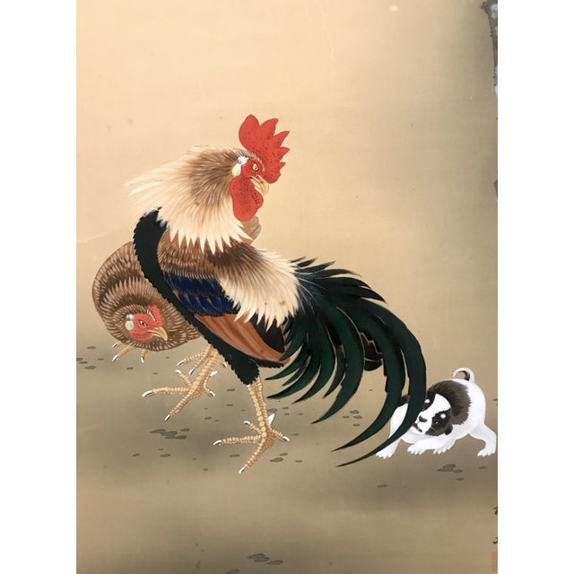 Japanese Meiji Period Japanese Scroll Painting of a Rooster With Playful Puppy (1868–1912) Signed & Boxed For Sale - Image 3 of 10