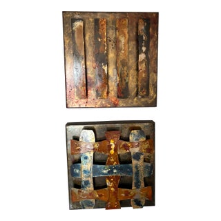 Mid Century Modern Large Metal Brutalist Wall Sculptures in the Manner of Curtis Jere - Set of 2 For Sale