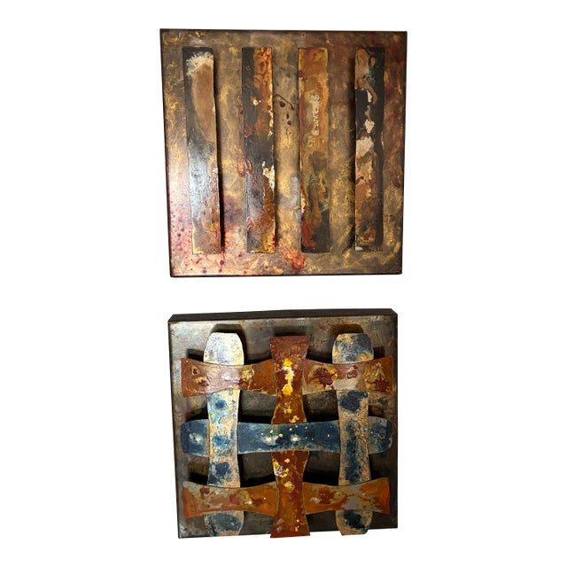 Mid Century Modern Large Metal Brutalist Wall Sculptures in the Manner of Curtis Jere - Set of 2 For Sale