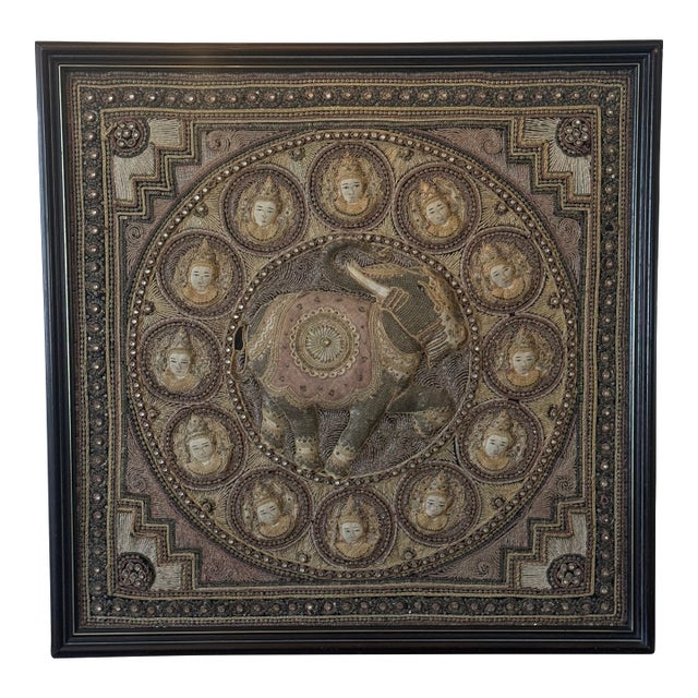Antique Burmese Sequined Elephant Textile Wall Hanging in Wood Frame For Sale