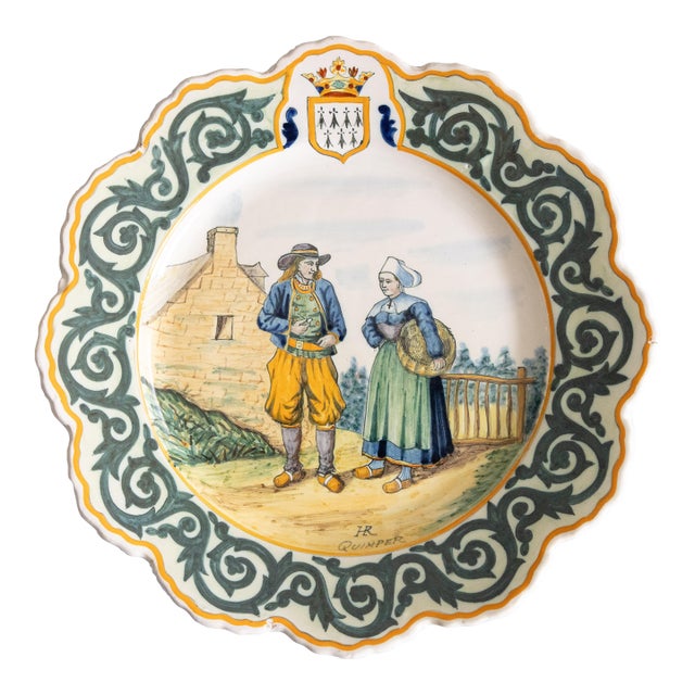 19th Century French Faience Quimper Couple Scalloped Plate For Sale