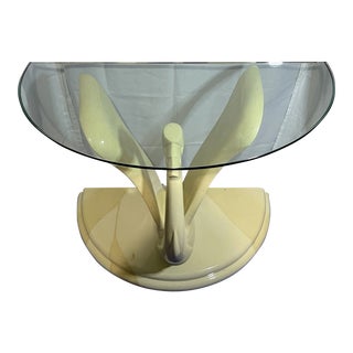 Vintage Zimmerman Chair Faux Goat Skin Swan Console Table With Half Circle Glass Top For Sale