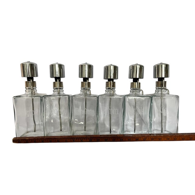 Vintage Mid-Century Etched Glass & Chrome Liquor Dispenser Bar Bottles — Set of 6 For Sale - Image 13 of 13