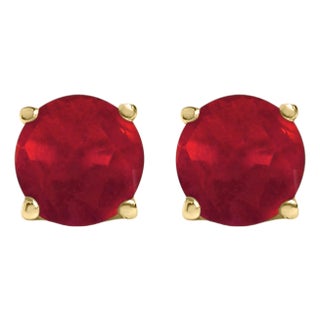 14K Yellow Gold 5X5MM Round Red Ruby Solitaire Stud Earrings For Sale