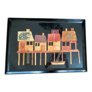 Vintage Black Lacquer Couroc Fish House Tray With Wood and Brass Accent Details For Sale