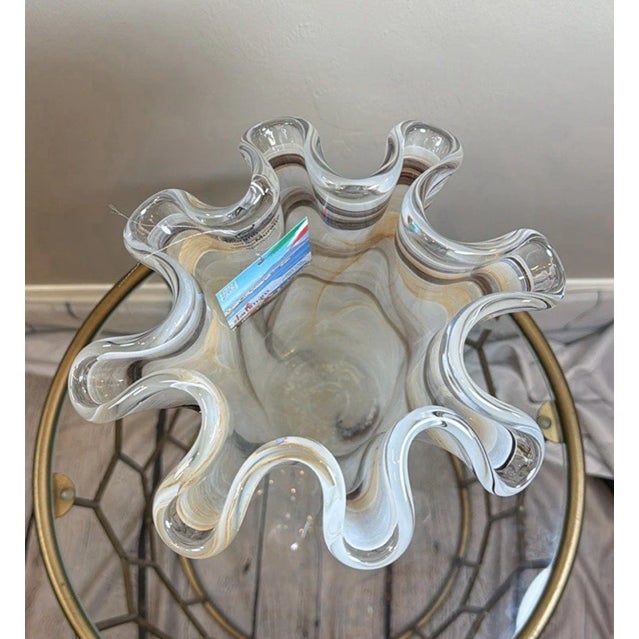 Mid-Century Modern Vinatge MCM Murano Italy Hand Blown Art Glass White Swirl Handkerchief Ruffled Vase For Sale - Image 3 of 3