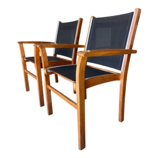 Vintage Teak Sling Patio Lounge Chairs With Black Mesh – Robb & Stucky, A Pair For Sale