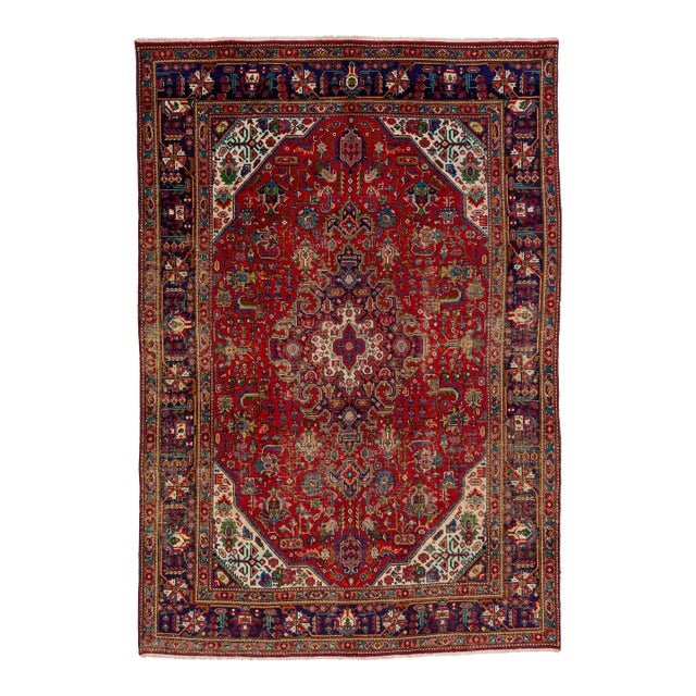 1960s Red Vintage Heris Distressed Wool Rug Handmade With Medallion Design For Sale