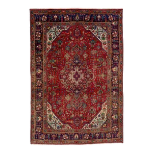 1960s Red Vintage Heris Distressed Wool Rug Handmade With Medallion Design