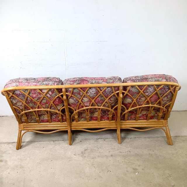 Vintage Palm Beach Style Rattan Sofa With Architectural Lattice Back For Sale - Image 15 of 18