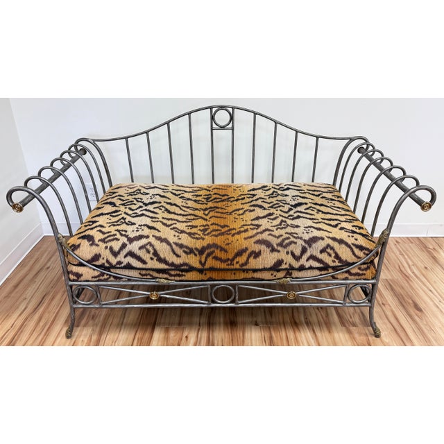 Vintage Late 20th C French Maison Jansen style steel and brass daybed settee. Features scrolled arms with brass accents,...