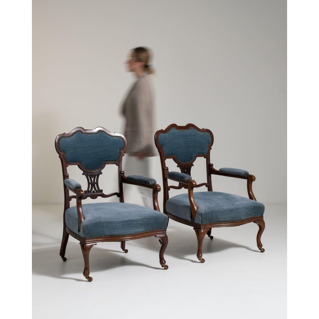 Blue Pair of Louis XV Upholstered Armchairs, Rococo Style, United Kingdom, 19th Century For Sale - Image 8 of 12