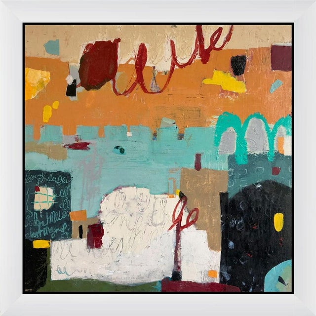 Warm orange and turquoise meet in a layered, architectural composition of arches and walls, with a red scribbled loop and...