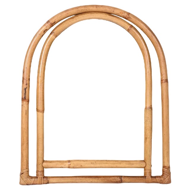 Mid-Century Italian Arch Mirror with Double Bamboo and Rattan Frame, 1970s For Sale
