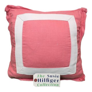 Shell Pink Linen W/ White Square Trim Pillow Provenance: The Susie Hilfiger Collection For Sale