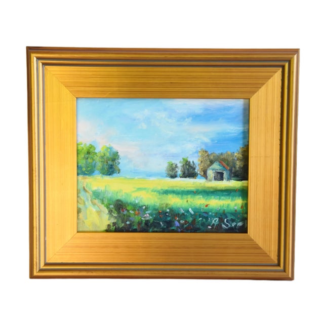 American Colorful Meadow Landscape Oil Painting Including the Antiqued Gold Frame For Sale - Image 3 of 6