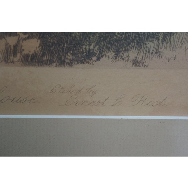 Wood Antique 1890 Ernest C Rost New England Farmhouse Landscape Etching 42" For Sale - Image 7 of 13