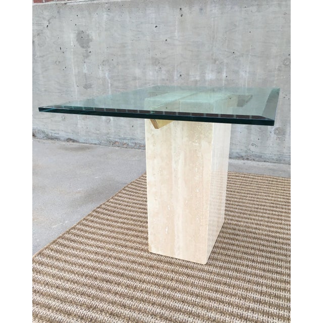 Alabaster Artedi Brass-X Pedestal Glass End Table in Polished Travertine Italy For Sale - Image 8 of 13