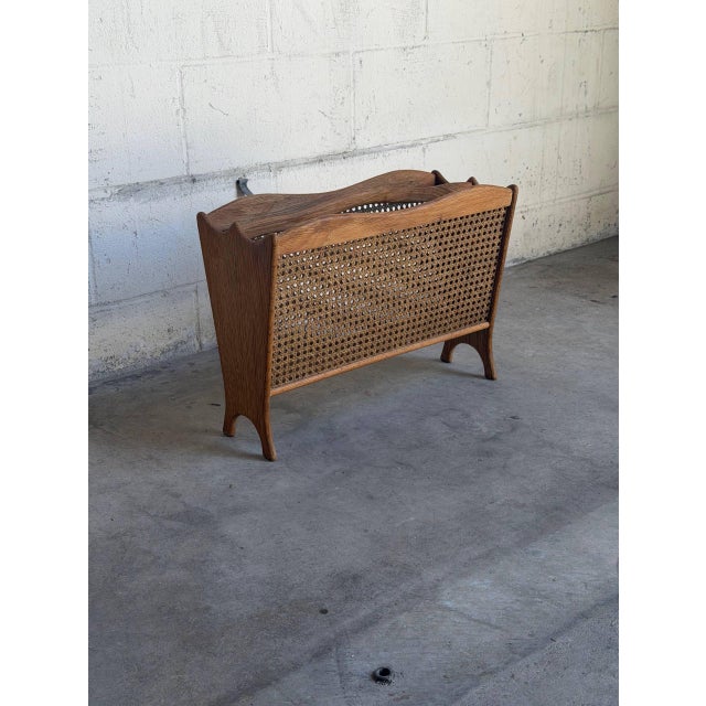 Mid 20th Century Vintage Danish Modern Oak & Cane Magazine Rack Newspaper Holder For Sale - Image 5 of 9