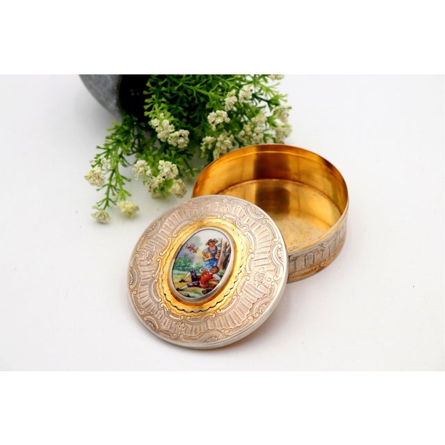 Silver Box with Reliefs and Enameled Monogram with Idyllic Scene For Sale - Image 4 of 4